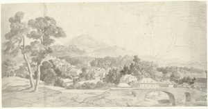 Landskab med en by ved en bro af Charles Joseph Natoire (attributed to)