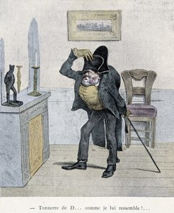 Thunder of D... som jeg ligner ham!... Tegneserie af Travies fra det 19. århundrede, der viser en mand, der sammenligner sig selv med en statuette af Napoleon.