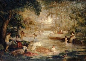Badende: Kvinder Badende ved en flod af Charles Julian Tharp