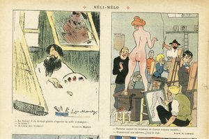 Illustration af Chas-Laborde (1886-1941) i Le Rire, 21/03/08 - Meli-Melo - Kunst, Undervisning, Nudite - Model (som poserer)