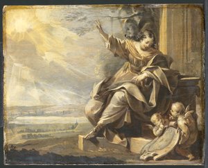 Tysk: Siddende kvindefigur med to putti og flodlandskab, Grisaille Allegorisk kvindefigur med to putti af Charles Le Brun