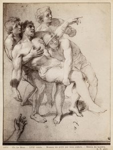 Halvnøgen mand støttet af tre mænd, studie til "Alexander den Store og Porus" eller "The Defeat of Porus", ca. 1665-73 (pierre noire og hvidt kridt på beige papir) af Charles Le Brun