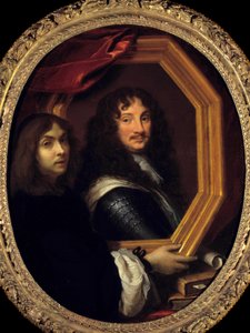Portræt af kunstneren (eller selvportræt), der præsenterer et militærmaleri af Charles Lebrun (Le Brun) (1619-1690) 1600-tallet søn. 1,04x0,85 m - Portræt af kunstneren (eller selvportræt), der holder portrættet af et militær. Maleri af Charles Lebru af Charles Le Brun