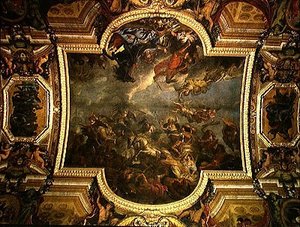 Udsigt over kongen, der tager Maastricht i tretten dage i 1673 og passagen på Rhinen i fjendernes nærvær i 1672, loftmaleri fra Galerie des Glaces af Charles Le Brun
