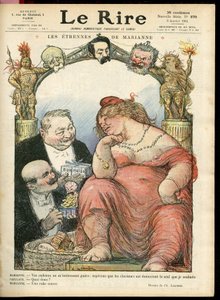 Illustration af Charles Leandre (1862-1934) til forsiden af ​​Le Rire, 03/01/14 - Les strennes de Marianne - Tribun - Clemenceau George, Jaures Jean, Briand Aristide, Marianne, Caillaux Joseph (1863-1944) af Charles Leandre