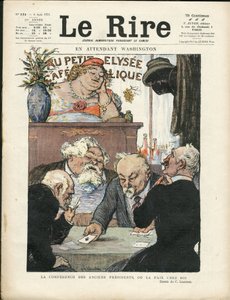 Illustration af Charles Leandre (1862-1934) i Le Lire, 06/08/21 - I mellemtiden Washington - Valg, republikkens præsident - Marianne, Fallieres Armand, Poinsare Raymond, Deschanel Paul - Kortspil af Charles Leandre