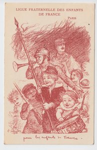 Postkort, satirisk i farver: Fraternal League of the Children of France - War of 14-18, Childhood, Patriotic Days Illustration af Charles Leandre (1862-1934) af Charles Leandre
