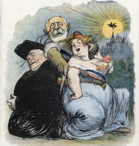 Adskillelse fra kirke og stat: "" den franske politiker Jean-Bienvenu Martin (Bienvenu-Martin) (1847-1943), minister for offentlig undervisning, kunst og gudstjeneste, der desperat søger at adskille kirken som en præst i Frankrig (fransk adskillelse) af ch af Charles Leandre