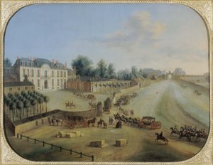 Udsigt over Chateau de la Muette med ankomsten af kong Louis XV (1710-74), ca. 1738 (olie på lærred)