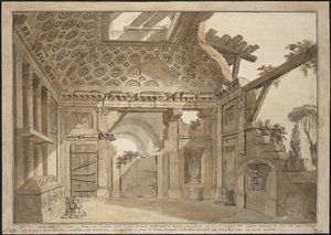 Design til malerierne i fader Lesueurs celle i klosteret Santissima Trinita dei Monti i Rom - Charles Louis Clerisseau (1722-1820). Pen, pensel, gråt og brunt blæk, hvid farve på papir, ca 1760. Mål: 36,9x53 cm. Statens Eremitage, af Charles Louis Clerisseau