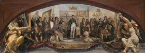 Skitse til Denon-pavillonen i Louvre: Les quatre âges artistiques de la France - Présentation des plans à Napoléon, ca. 1864 (olie på lærred) af Charles Louis Lucien Muller