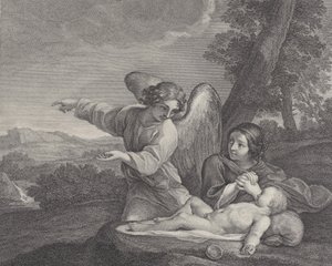 Englen viser sig for Hagar i ørkenen, mens hun folder sine hænder ved siden af søvnen..., 1700-28.