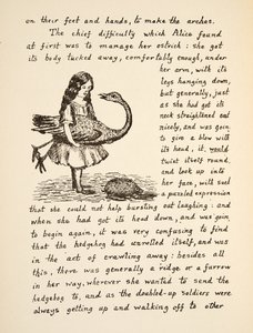 Alice holder sin struds, illustration fra Alices Adventures Under Ground, pub. 1886 (faksimile) af Charles Lutwidge Dodgson