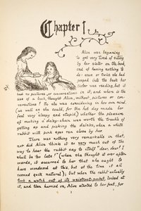 Alice med sin søster, illustration fra Alices Adventures Under Ground, pub. 1886 (faksimile) af Charles Lutwidge Dodgson