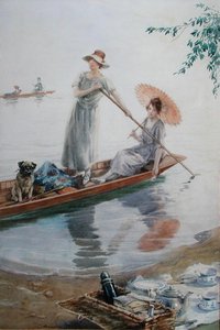 To piger med deres kæledyr, der padler tilbage til deres picnic (akvarel på papir) af Charles MacIvor or MacIver Grierson