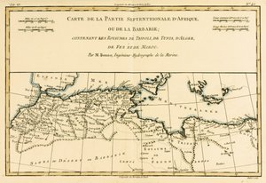 Nordafrika, herunder kongerigerne Tripoli, Tunis, Algier; Fez og Marokko, fra Atlas of All Known Parts of the Globe Terrestre af Guillaume Raynal (1713-96) udgivet Genève, 1780 (farve)