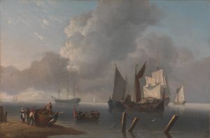 Krigsskibe, der ligger offshore, den kommanderende admiral bliver roet ud for at slutte sig til flagskibet, hendes sejl oplyst af et brud i skyerne