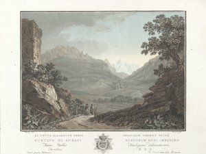 Berglandschap i Schweiz Udsigt over Oberhashi-dalen (titel på objekt) Bemærkelsesværdig udsigt over bjergene i Schweiz (serietitel) af Charles Melchior Descourtis