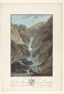 Waterval fra Aare å Fall of the Aare over Gutdannen (titel på objekt) Bemærkelsesværdig udsigt over bjergene i Schweiz (serietitel) af Charles Melchior Descourtis