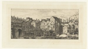 Bagfacader af buntmagerhuse på Seinen nær Pont-au-Change i Paris En del af Paris slutningen af ​​det syttende århundrede Partie de la cité vers la Fin du XVIIe siècle af Charles Meryon