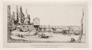 Gangbro, der midlertidigt erstatter Exchange Bridge, Paris, efter branden i 1621 af Charles Meryon