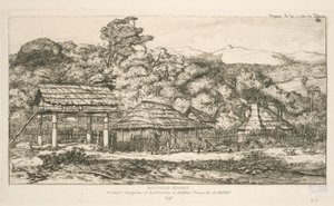 Indfødte kornmagasiner og boliger ved Akaroa, Banks Peninsula, illustration fra 