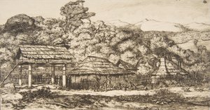 Indfødte lader og hytter ved Akaroa, Banks Peninsula, 1845, 1860. af Charles Meryon
