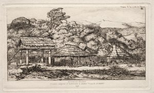 Indfødte lader og hytter ved Akaroa, Banks Peninsula, 1845, 1865. af Charles Meryon