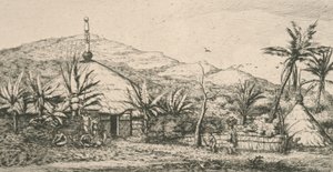 Ny Kaledonien, Ny Kaledonien: stor indfødt hytte på gangbroen til Poepo, illustration fra "Etching of the Pacific...", 1863 af Charles Meryon