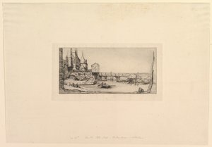 Pont-au-Change gangbro, efter branden i 1621. Gangbroen erstattet midlertidigt..., 1860. af Charles Meryon