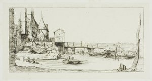 Gangbroen, der midlertidigt erstattede Pont-au-Change, Paris, efter branden i 1621 af Charles Meryon