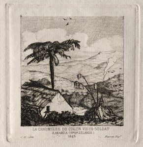 Den gamle soldats nybyggerhytte i Akaroa, 1845 af Charles Meryon
