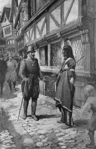 Kaptajn John Smith møder en rød indisk ven fra Virginia, mens han går en tur ned ad The Strand i London (litho)