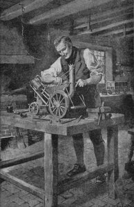 George Stephenson arbejder på en model af sin raket, motoren der gjorde jernbanen mulig (litho)
