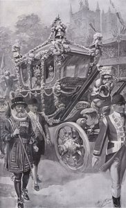 Kong Edward VII og dronning Alexandra i statstræneren vender tilbage fra deres kroning i Westminster Abbey, London af Charles Mills (after) Sheldon