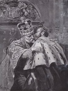 Kong Edward VII omfavner sin søn, prinsen af Wales, ved kongens kroning, Westminster Abbey, London