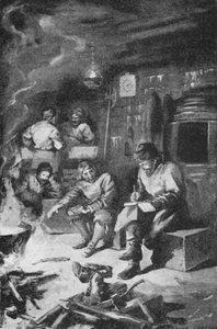 William Barents skrev sin dagbog, mens han tilbragte vinteren i en hytte på Nova Zembla (litho)