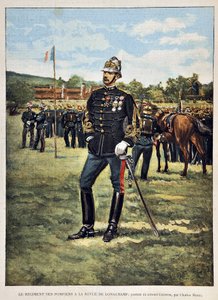 Brandregimentet har Longchamps-magasinet (Portræt af oberst Couston), illustration af Charles Morel (1861-1908). Indgravering fra 1887 i "" Paris-Illustrous journal weekly"". af Charles Morel