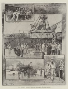 Flådeaktivitet i Portsmouth Dockyard, afgang af Flying Squadron (litho)