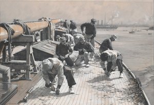 Konstruktion af en 23 meter lang racerbåd, Brynhild-broen skraber. Tegning og lavering (35x47,9 cm) af Charles M. Padday () , begyndelsen af det 20. århundrede.