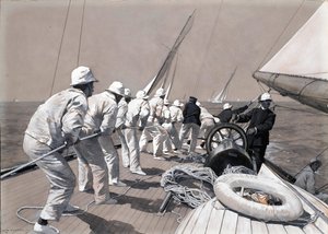 Hejser storsejlet om bord på Brynhild, en kapsejladsbåd, der vandt Kings Cup. Tegning og lavering (37,4x46,1 cm) af Charles M. Padday () , begyndelsen af det 20. århundrede.