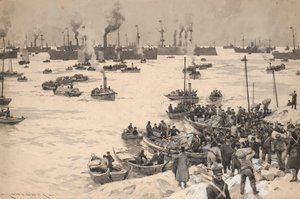 Japanske tropper lander i Korea i 1905. Tegning og lavering (30,1x45,6 cm) af Charles M. Padday () , begyndelsen af det 20. århundrede.