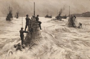 Nye britiske ubåde forlader Milford Haven (England) for at gå i aktion. Tegning og lavering (30,4x45,5 cm) af Charles M. Padday () , begyndelsen af det 20. århundrede.