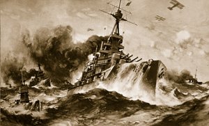 Den britiske Battle Squadron i fuld fart på det smalle hav (litografi)