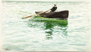Mand der ror i en jolle (akvarel og akvarel på papir) af Charles Napier Hemy