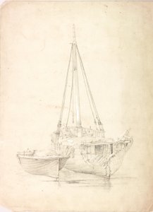 Gammel fiskerbåd og jolle (kropsfarve og blyant på papir) af Charles Napier Hemy