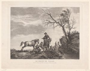 Rejsende under et mellemlanding Ulykke på rejsen. (titel på objekt) af Charles Nicolas Cochin (II)