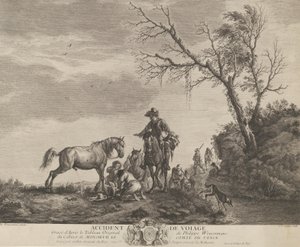 En ulykke under rejsen, en knælende mand, der fikser en knækket sadel, en hest, der pisser ved ..., 1740-50.