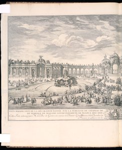 Bound Print, Veüe-perspektiv af dekorationen rejst på terrassen i Versailles-paladset til belysningen og fyrværkeriet, der blev tegnet i anledning af ægteskabet mellem Madame Louise-Elisabeth fra Frankrig med Don Philippe Anden Jnfant d 