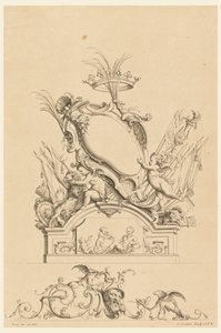 Design til Cartouche with Crown, Two Putti Serving Bacchus og Two Lions fra "Cartouches Nouvellement Inventez"